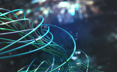 Leinwandbilder - Digital technologies of future. Transmission and storage of data in global cyberspace. Encrypted data stream over fiber optic cable. 3D illustration of abstract space architecture