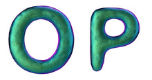 Letter Set O, P Made Of Realistic 3d Render Natural Green Snake Skin Texture.
