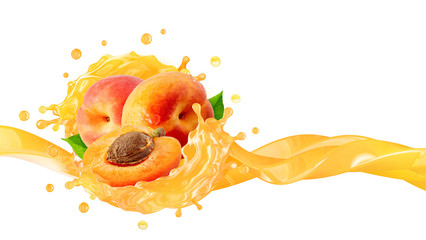 Canvas Print - Fresh ripe peaches or apricots, peach juice 3D splash wave. Healthy food or fruit drink liquid ad label design elements. Tasty peach or apricots fruits vitamin smoothie splash isolated