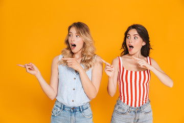 Wall Mural - Portrait of two excited blonde and brunette women 20s in summer wear smiling while pointing fingers at copyspace