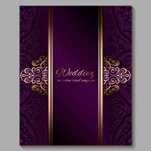 Wedding Invitation Card With Gold Shiny Eastern And Baroque Rich Foliage. Royal Purple Ornate Islamic Background For Your Design. Islam, Arabic, Indian, Dubai.