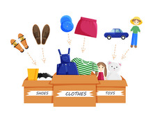 Vector Illustration Of Clothes Donation In Flat Style. Concept For Charity Day. Illustration Of Donation Boxes Full Of Clothes, Shoes, Toys. Social Care And Charity Concept