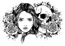 Girl With Skeleton Make Up Hand Drawn Vector Sketch. Santa Muerte Woman Witch Portrait Stock Illustration Day Of The Dead Face Art