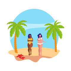 Wall Mural - young interracial girls couple on the beach summer scene