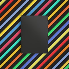 Blank black book on colorful striped background. Easy cover mockup. Front view.