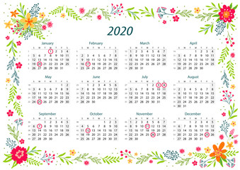 Decorative 2020 year calendar in English language, week starts from Sunday. Vector calendar. - Vector