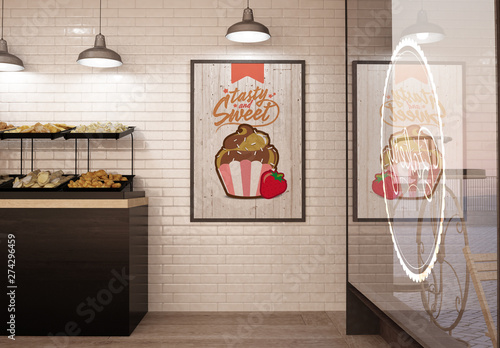 Download Bakery Coffee Shop Interior with Poster and Window Mockup ...