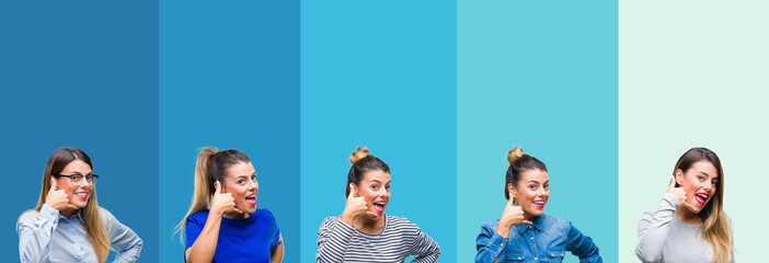 Collage of young beautiful woman over blue stripes isolated background smiling doing phone gesture with hand and fingers like talking on the telephone. Communicating concepts.