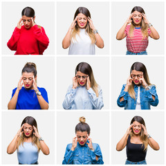 Poster - Collage of young beautiful woman over isolated background with hand on head for pain in head because stress. Suffering migraine.