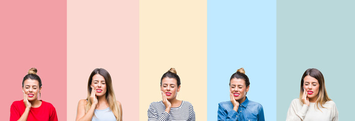 Poster - Collage of young beautiful woman over colorful vintage stripes isolated background touching mouth with hand with painful expression because of toothache or dental illness on teeth. Dentist concept.