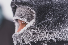 Close Up Of Man With Frozen Clothes In Very Cold Weather