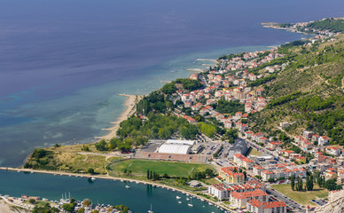 Beautiful aerial view of the coastline and the Adriatic sea, Omis town, Dalmatia region, Croatia