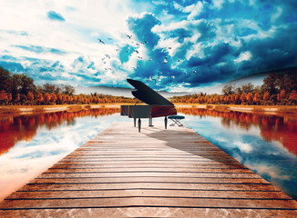 Wall Mural - Piano en la naturaleza.Paisaje surreal de arboles y lago.Concepto de música relajada y tranquila de piano