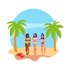 Poster - young interracial girls group on the beach summer scene