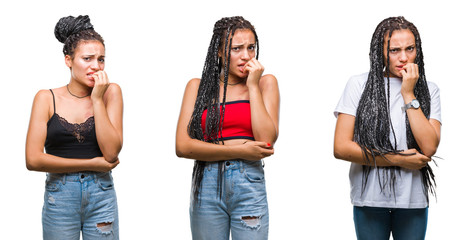 Poster - Collage of beautiful braided hair african american woman with birth mark over isolated background looking stressed and nervous with hands on mouth biting nails. Anxiety problem.