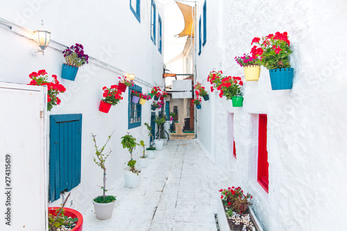 Dekoracja na wymiar  widok-ulicy-bialy-i-kwiaty-w-miescie-bodrum-w-turcji-kolorowa-ulica-w-stylu-egejskim-sciana