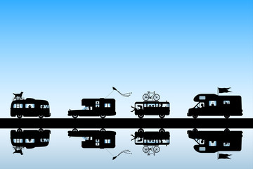 Sticker - Cartoon retro cars on road. Illustration with silhouettes of people and pets traveling in campers. Family road trip. Blue pastel background
