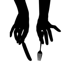 Black Silhouette Of Female Hands With A Knife And A Fork