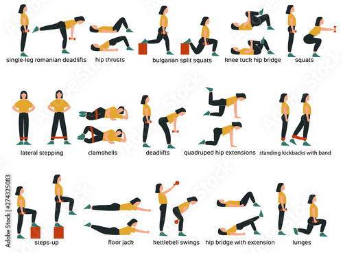 Set Of Glute Exercises And Workouts Flat Vector Illustration Glute