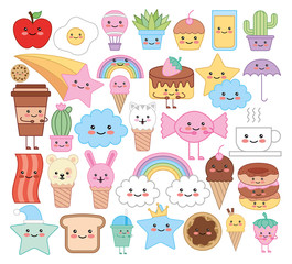 Canvas Print - bundle of emojis animals and food kawaii characters