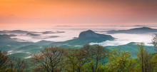Gorgeous Panoramic Photo Of Looking Glass Rock In Pisgah National Forest Surrounding By Early Morning Fog.