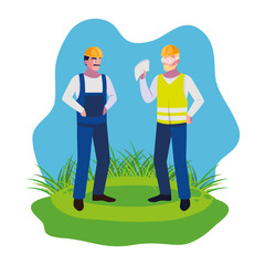 Sticker - male builders constructors workers on the lawn