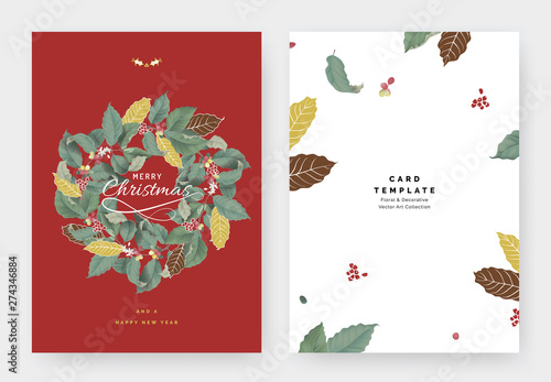 Botanical typographic Christmas greeting card template design, branch of coff...