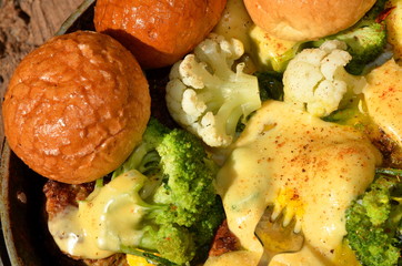  A dish of many useful ingredients in a pan close-up.