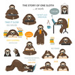 The story of one sloth. At work, study. Funny cartoon sloths in different postures set