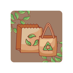 Canvas Print - ecological paper bags with leafs in frame