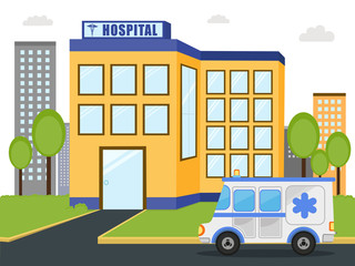 Poster - Hospital building with ambulance.