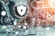 © InfiniteFlow - Cyber Security and Digital Data Protection Concept. Icon graphic interface showing secure firewall technology for online data access defense against hacker, virus and insecure information for privacy.