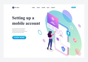 Wall Mural - isometric young girl with mobile phone, filling in the profile of the mobile account. template landi