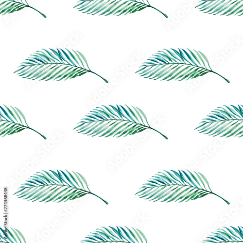 Seamless pattern from tropical leaves. Palm. Watercolor painting. Exotic plan...
