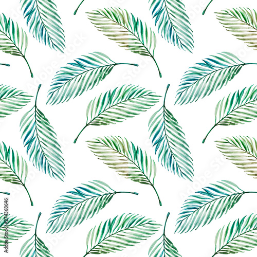 Seamless pattern from tropical leaves. Palm. Watercolor painting. Exotic plan...