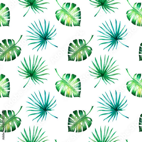 Tropical leaves seamless pattern. Monstera, palm. Watercolor painting. Exotic...