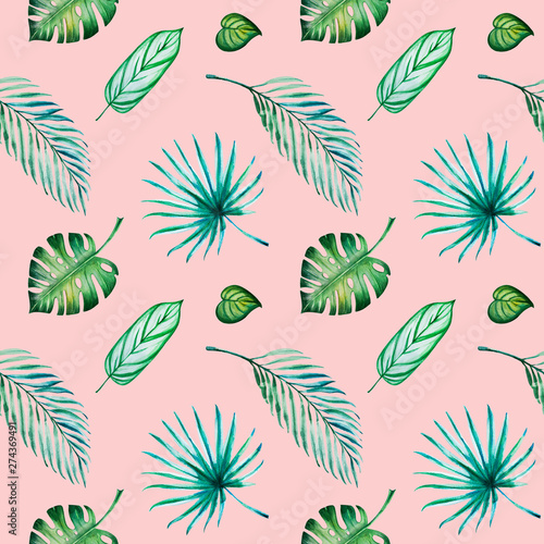 Tropical leaves seamless pattern. Monstera, palm.  Watercolor painting. Exoti...