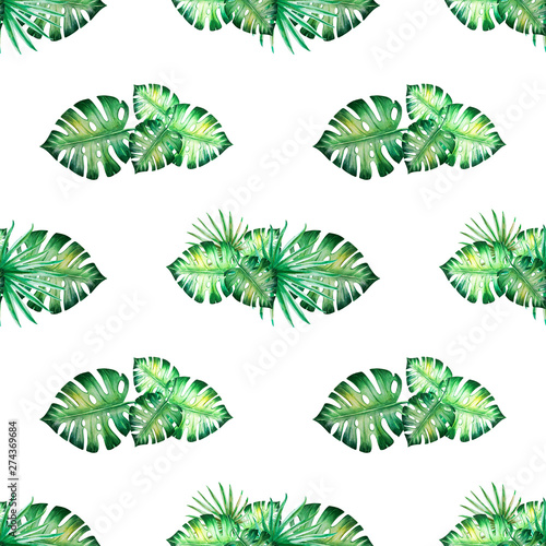 Tropical leaves seamless pattern. Monstera, palm.  Watercolor painting. Exoti...