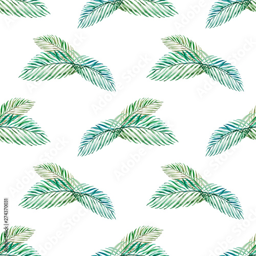 Seamless pattern from tropical leaves. Palm. Watercolor painting. Exotic plan...