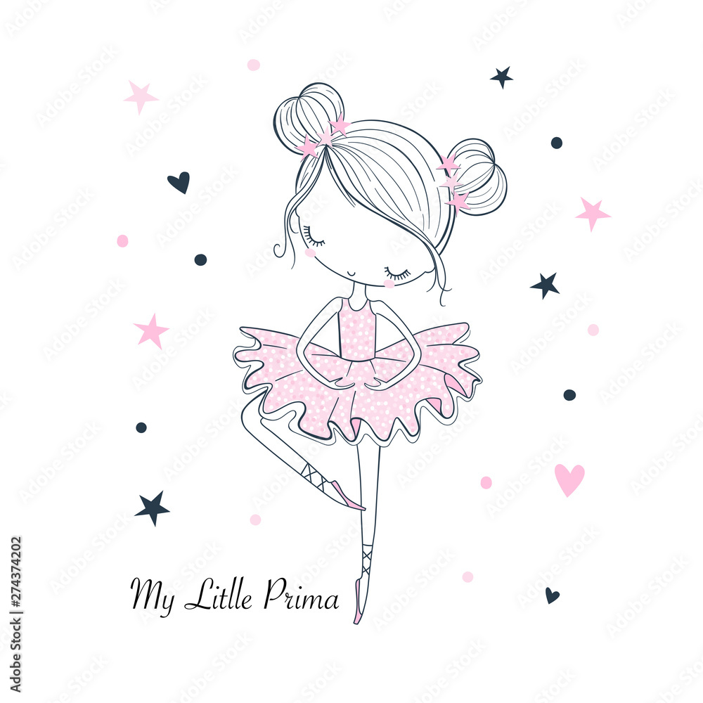 Little dancing Ballerina. Childish vector graphic doodle illustration - obrazy, fototapety, plakaty 