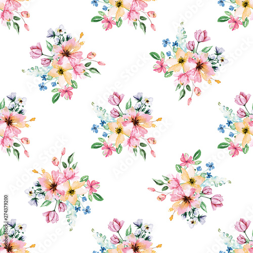 Watercolor flower seamless pattern. Repeat texture, wallpaper. Hand drawing v...