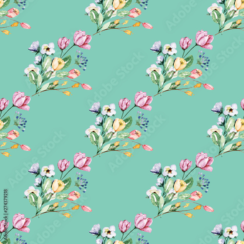 Watercolor flower seamless pattern. Repeat texture, wallpaper. Hand drawing v...