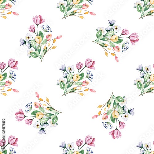 Watercolor flower seamless pattern. Repeat texture, wallpaper. Hand drawing v...