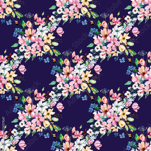 Watercolor flower seamless pattern. Repeat texture, wallpaper. Hand drawing v...