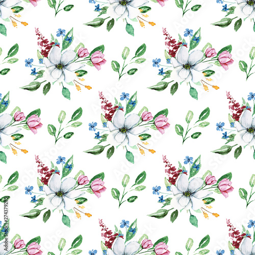 Watercolor flower seamless pattern. Repeat texture, wallpaper. Hand drawing v...