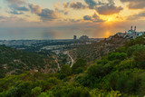 Fototapeta Las - Sunset view Carmel coast, Siach valley and  Mahmud mosque, Haifa