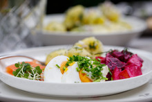 Scandinavian Midsummer Feast With Potato Salad,  Salmon And Beetroot
