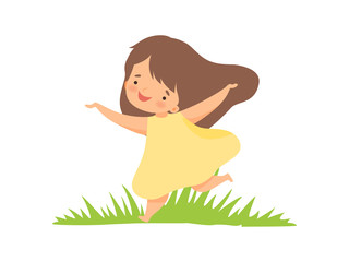 Sticker - Cute Happy Girl in Yellow Dress Running on Green Meadow, Adorable Little Kid Cartoon Character Playing Outside Vector Illustration