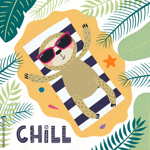 Hand drawn vector illustration of a cute sloth in summer sunbathing, with let...