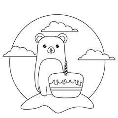 Sticker - cute bear animal with cake of birthday in landscape